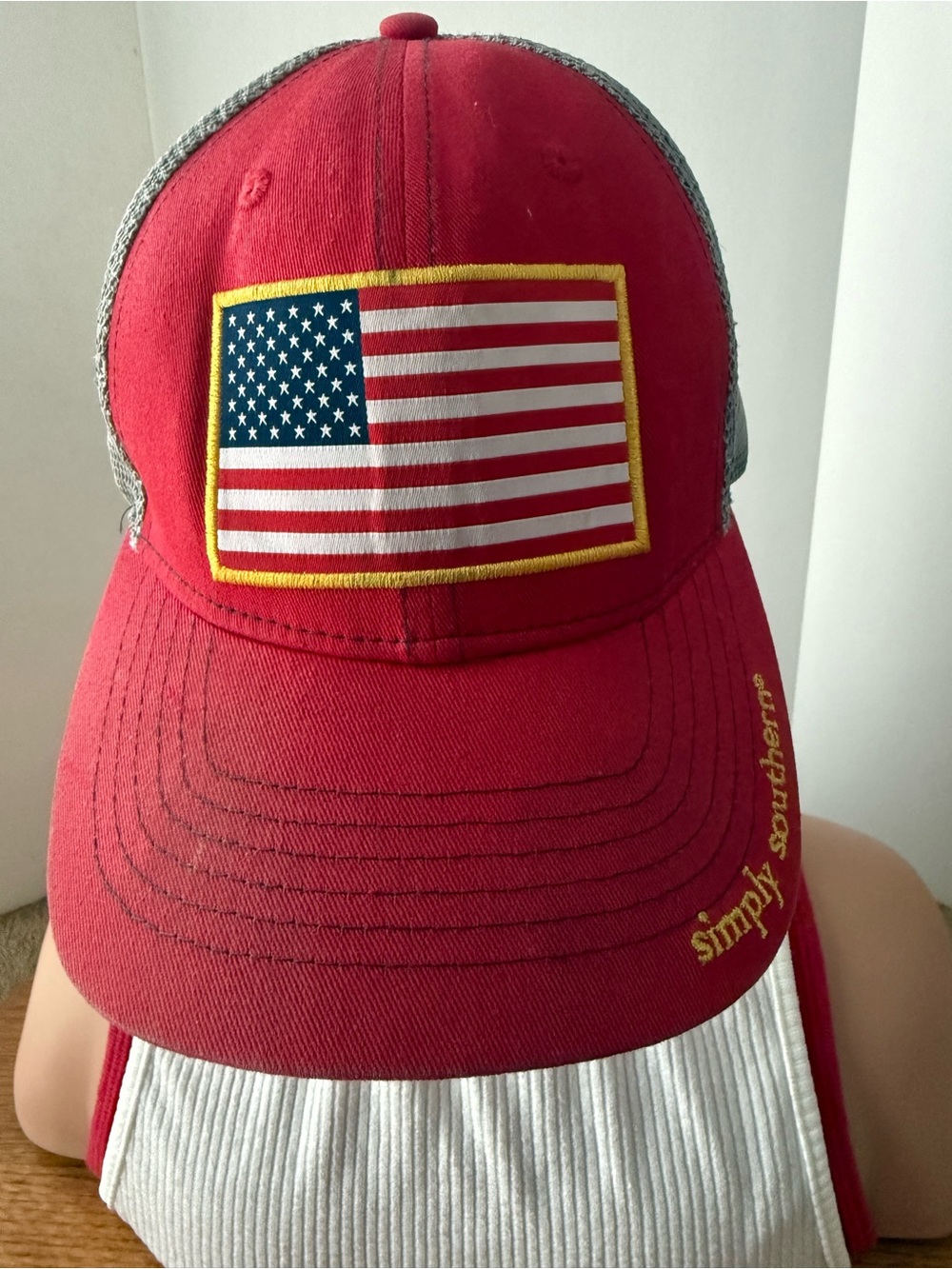 Simply Southern Red and Gray Trucker Hat with American Flag Patch